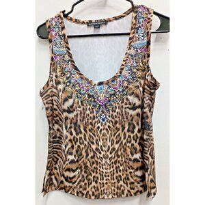 Boston Proper Tank Top Womens XS Brown Animal Print Beaded Coquette Glam Artsy